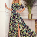 Vestido Longo com Volantes - Folhas Verdes e Correntes Douradas