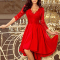 Vestido NICOLLE com Costas Alongadas e Decote de Renda - Vermelho