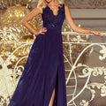 Vestido Longo sem Mangas com Decote Bordado - Azul Escuro