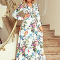 Vestido Longo com Folhos e Decote - Rosas Coloridas e Pássaros Azuis