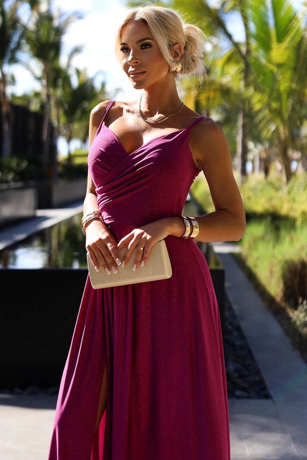Vestido Longo CHIARA com Brilho e Fenda - Fúcsia