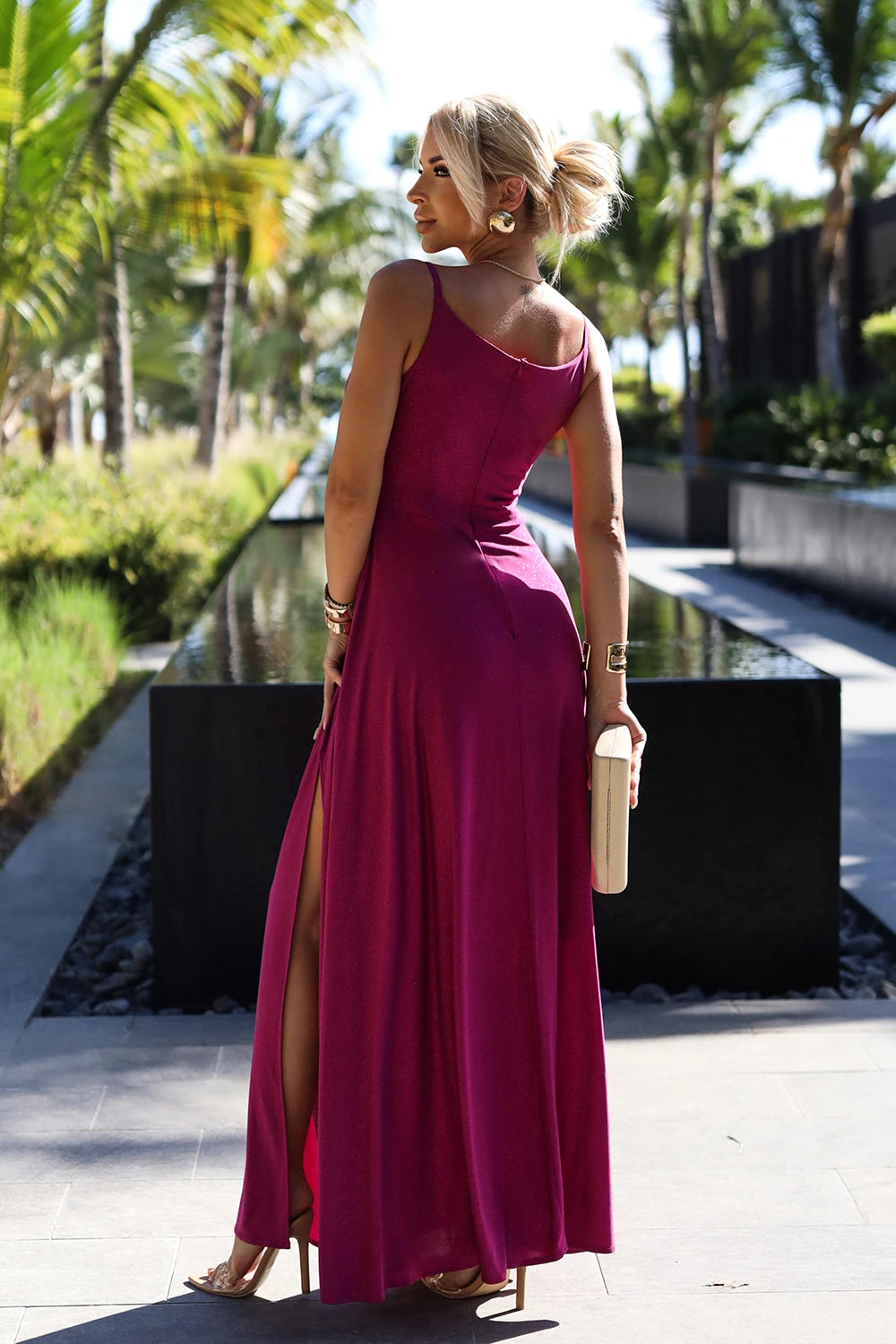 Vestido Longo CHIARA com Brilho e Fenda - Fúcsia