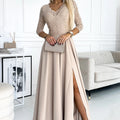 Vestido Longo AMBER de Renda com Decote e Fenda - Bege