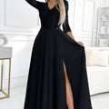 Vestido Longo AMBER de Renda com Decote e Fenda - Preto