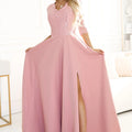 Vestido Longo AMBER de Renda com Decote e Fenda - Rosa Pó