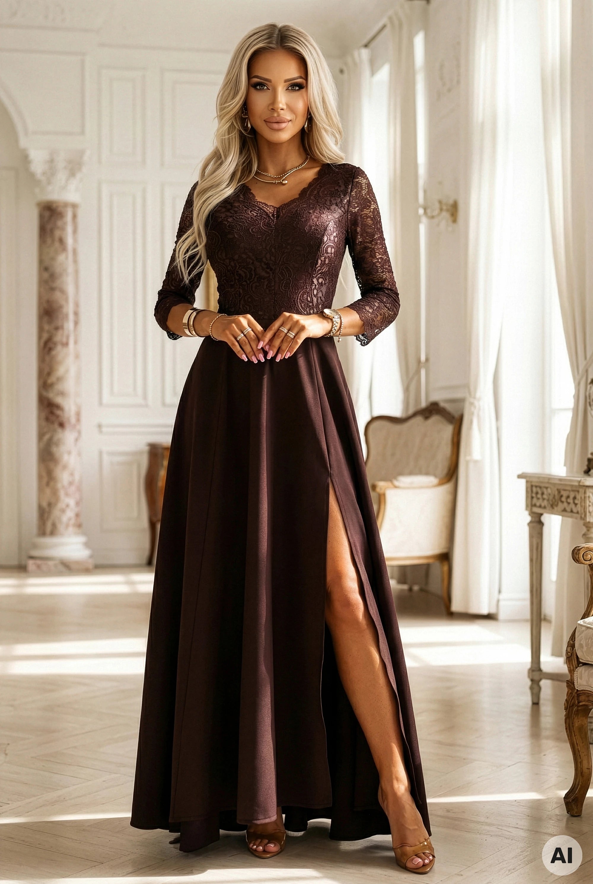 Vestido Longo de Renda - Chocolate