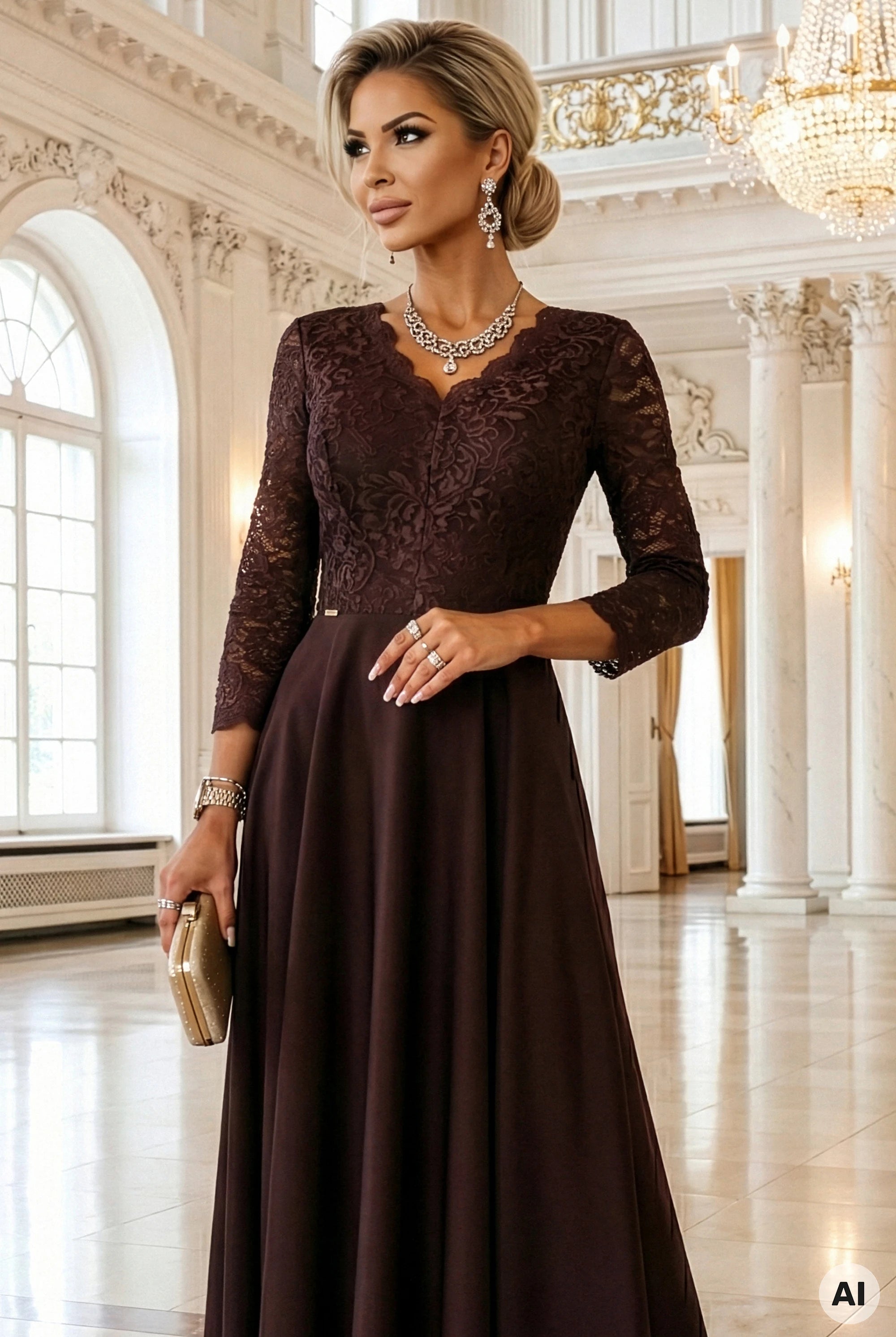 Vestido Longo de Renda - Chocolate