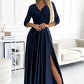 Vestido longo de cetim com rendas AMBER - azul marinho