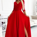Vestido Longo AMBER de Renda com Decote e Fenda - Vermelho