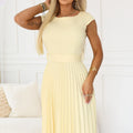 Vestido Plissado LILA com Mangas Curtas e Cinto - Amarelo Manteiga
