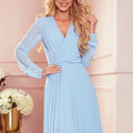 Vestido Plissado ISABELLE com Manga Longa e Decote - Azul Claro