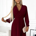 Vestido Plissado com Decote e Mangas Longas - Bordô