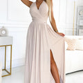 Vestido Longo JUSTINE com Laço nas Costas - Bege com Brilho