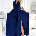 Vestido Longo JUSTINE com Brilho, Decote e Laço nas Costas - Azul-Marinho