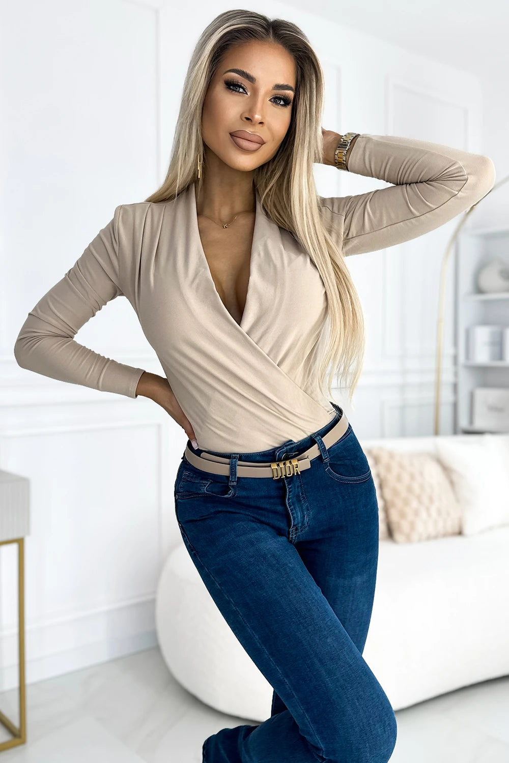 Body com decote cruzado — Bege — imagem 4