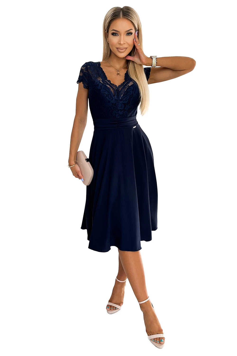Vestido de Chiffon LINDA com Decote em Renda - Azul-Marinho