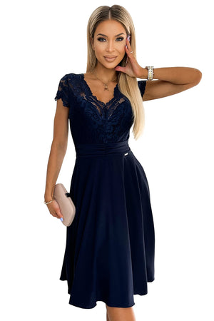 Vestido de Chiffon LINDA com Decote em Renda - Azul-Marinho