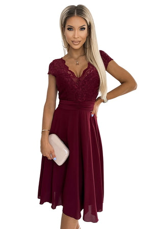 Vestido de Chiffon LINDA com Decote em Renda - Bordô