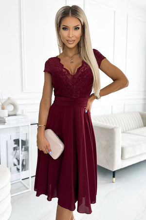 Vestido de Chiffon LINDA com Decote em Renda - Bordô