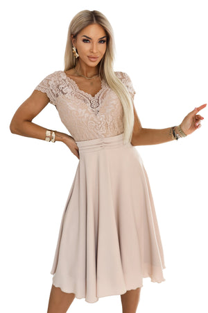 Vestido de Chiffon LINDA com Decote de Renda - Bege