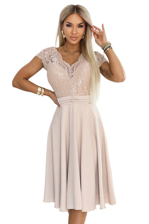 Vestido de Chiffon LINDA com Decote de Renda - Bege