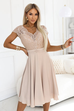 Vestido de Chiffon LINDA com Decote de Renda - Bege