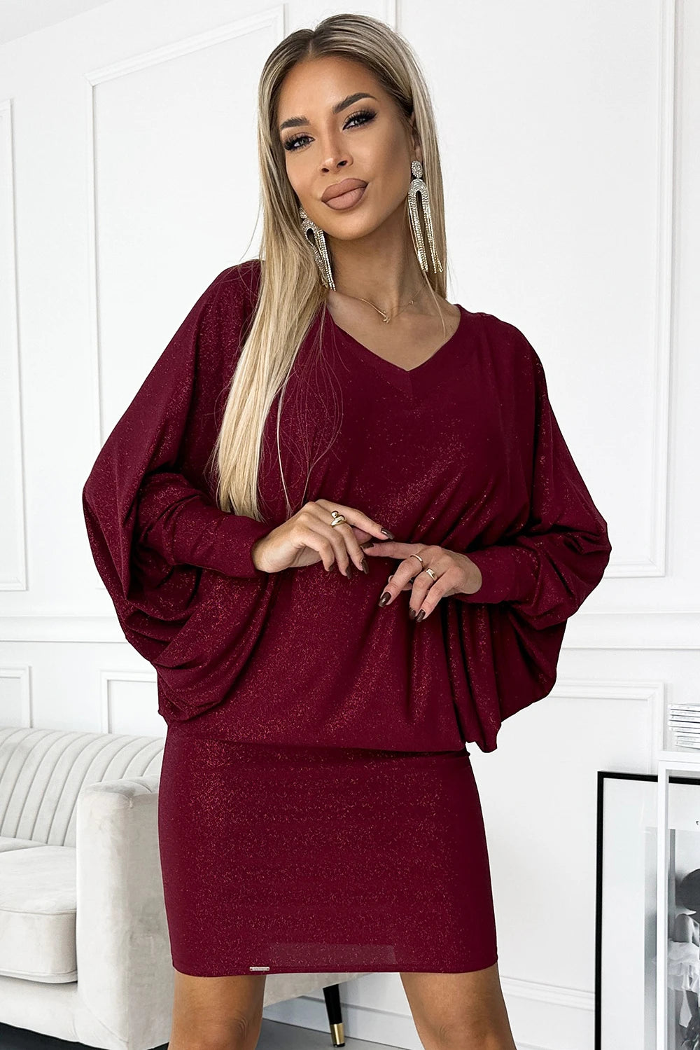 Vestido com mangas morcego e brilho — Bordô — imagem 4