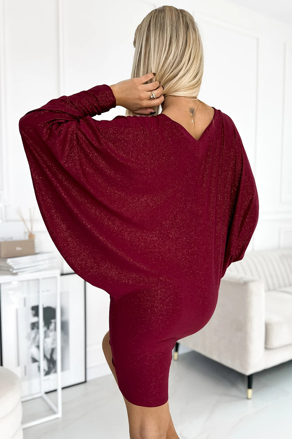 Vestido com mangas morcego e brilho — Bordô — imagem 3