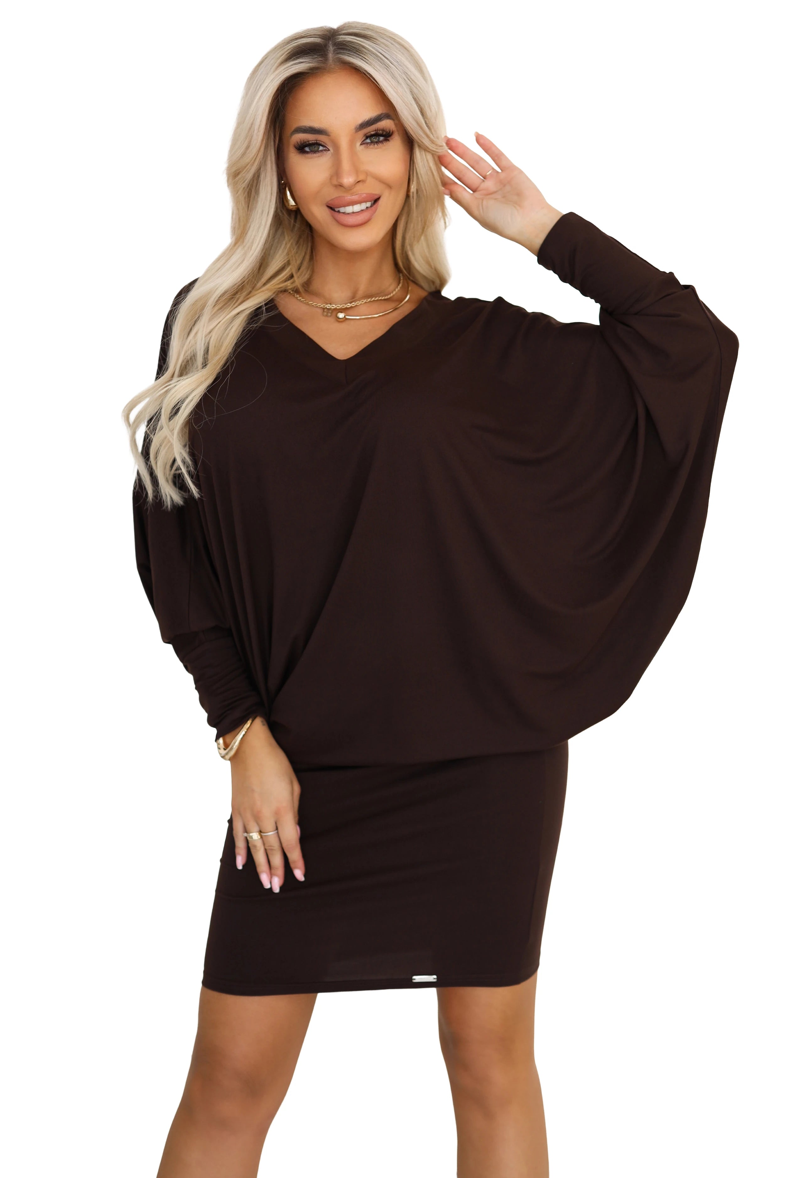 Vestido Confortável com Mangas Morcego — Chocolate — imagem 7