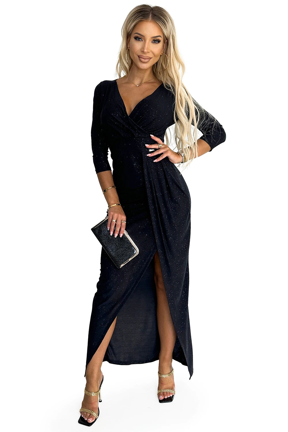 Vestido com Brilho, Decote Cruzado e Fenda — Preto — imagem 7