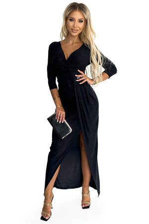 Vestido com Brilho, Decote Cruzado e Fenda — Preto — imagem 7