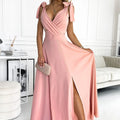 Vestido Longo ELENA com Decote e Laços nos Ombros - Rosa Velho
