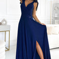 Vestido Longo ELENA com Brilho e Laços nos Ombros - Azul-Marinho
