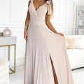 Vestido Longo ELENA com Decote e Laços nos Ombros - Bege com Brilho