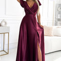 Vestido Longo CRYSTAL com Decote e Fenda - Bordô