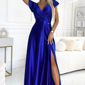 Vestido Longo de Cetim CRYSTAL com Decote Cruzado - Azul Real