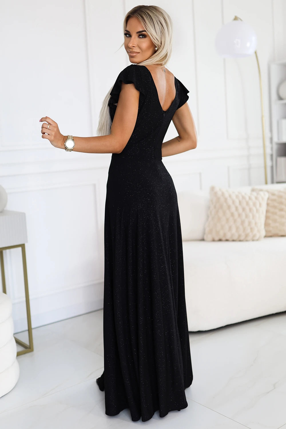 Vestido Longo CRYSTAL com Brilho e Decote — Preto — imagem 3