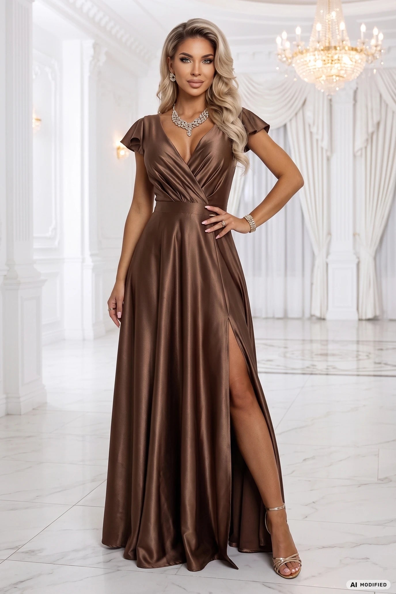 Vestido Longo de Cetim CRYSTAL com Decote - Mocha Mousse