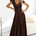 Vestido Longo CRYSTAL em Cetim com Decote - Chocolate