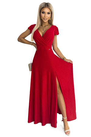 Vestido Longo CRYSTAL com Brilho e Decote — Vermelho — imagem 7