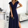 Vestido Longo CRYSTAL com Brilho e Decote Cruzado - Azul-Marinho