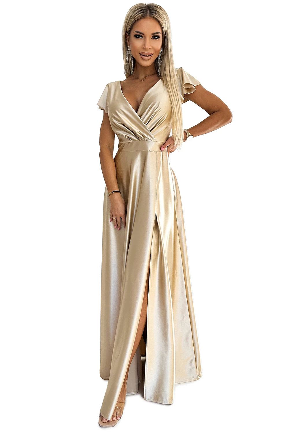 Vestido Longo de Cetim CRYSTAL com Decote - Dourado