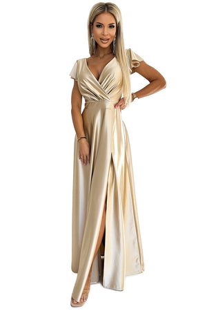 Vestido Longo de Cetim CRYSTAL com Decote - Dourado
