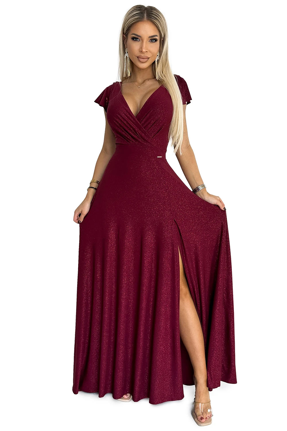 Vestido Longo CRYSTAL com Brilho e Decote — Bordô — imagem 7