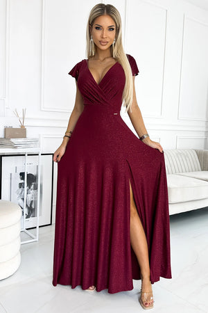 Vestido Longo CRYSTAL com Brilho e Decote — Bordô — imagem 1