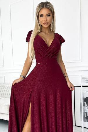 Vestido Longo CRYSTAL com Brilho e Decote — Bordô — imagem 4