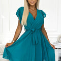 Vestido de Chiffon Plissado com Decote e Folhos - Azul-marinho