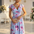 Vestido Midi MATILDE com Decote Cruzado - Azul com Flores Rosa
