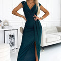 Vestido com Brilho, Mangas Curtas e Fenda - Verde