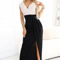Vestido Longo Bicolor com Brilho, Decote Cruzado e Fenda - Preto e Bege